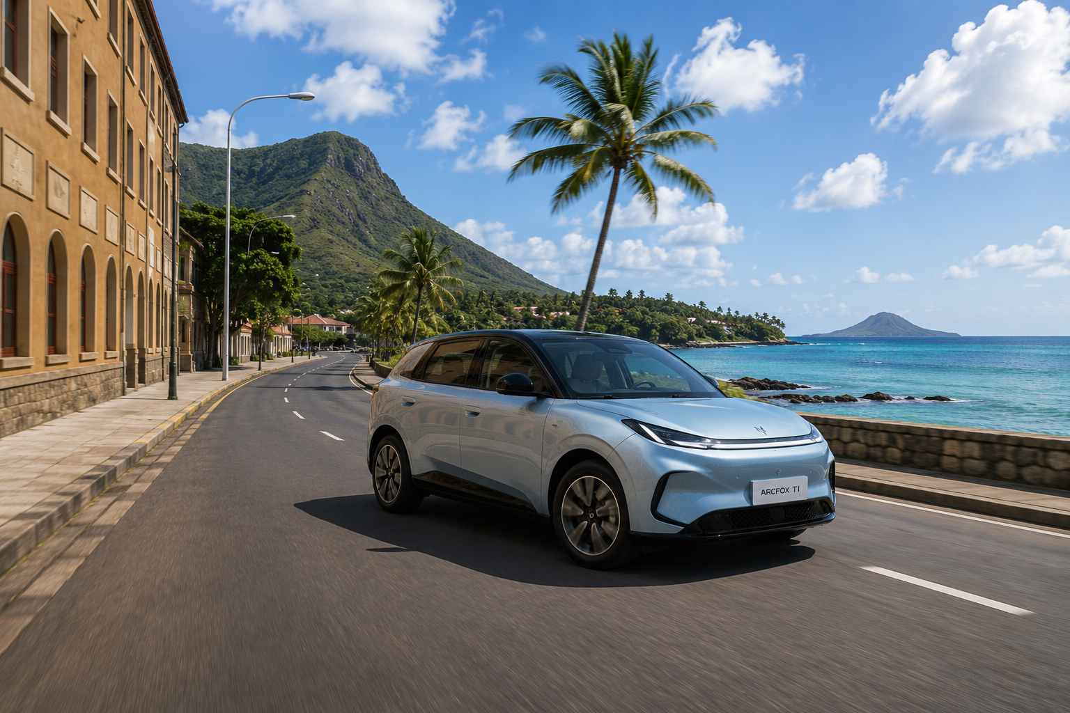 ARCFOX T1 driving on the Mauritius coast at sunset