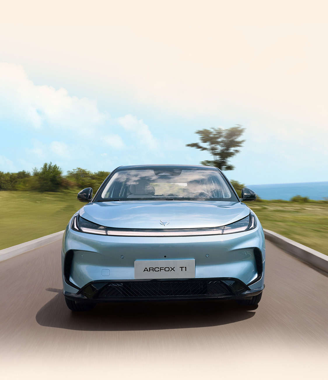 ARCFOX T1 driving along the Mauritius coast
